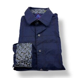 Robert Graham Mens Navy Blue Jacquard Damask Button Down Shirt Classic Fit L